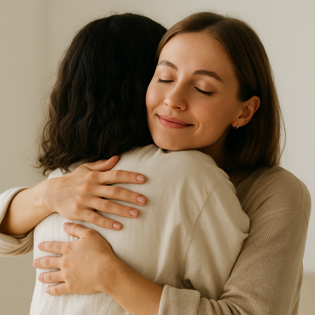 Duas mulheres reais se abraçando com leveza, representando apoio emocional, sororidade e recomeço. falamos sobre o mentalidade da magreza traves da nossa carta do proposito