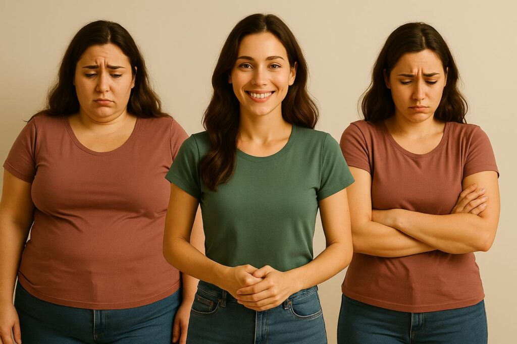tripla imagem de uma mulher em três fases físicas : acima do peso,, magra e novamente acima do peso. Representa o ciclo do efeito sanfona com expressão emocional de frustração e breve alivio no estágio intermediario