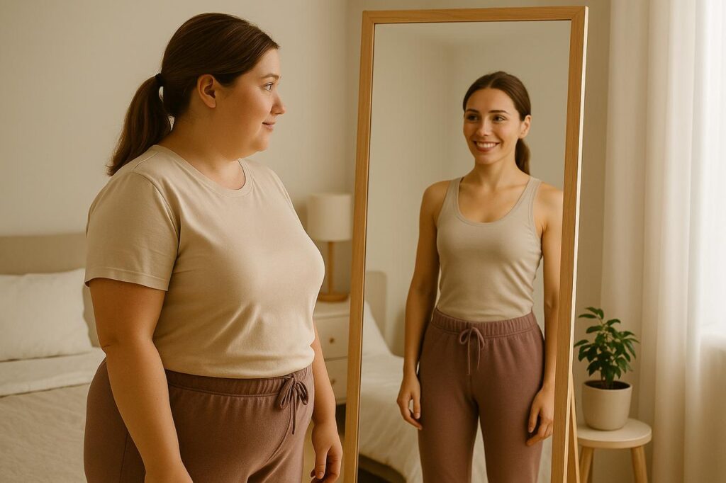 mulher com sobrepeso se olhando no espelho e vendo o reflexo de si mesma buscando sua identidade magra