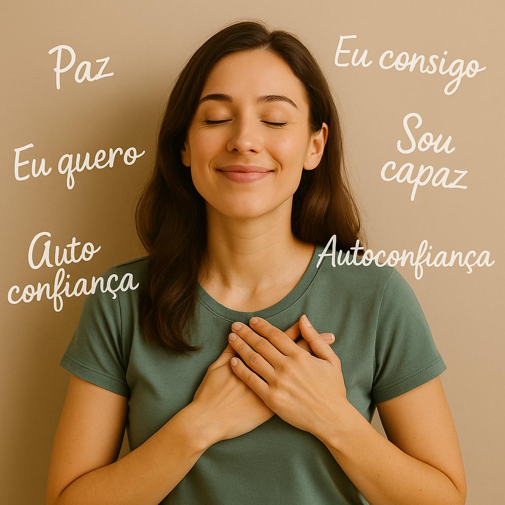 Mulher sorridente, em ambiente claro, com expressão de leveza e empoderamento, como se tivesse se libertado de pensamentos negativos.