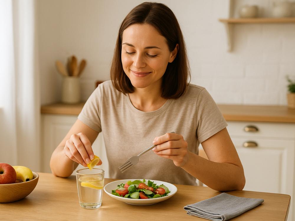 Mulher sorrindo enquanto come salada com suco verde, representando leveza e equilíbrio, mantendo uma mentalidade da magreza