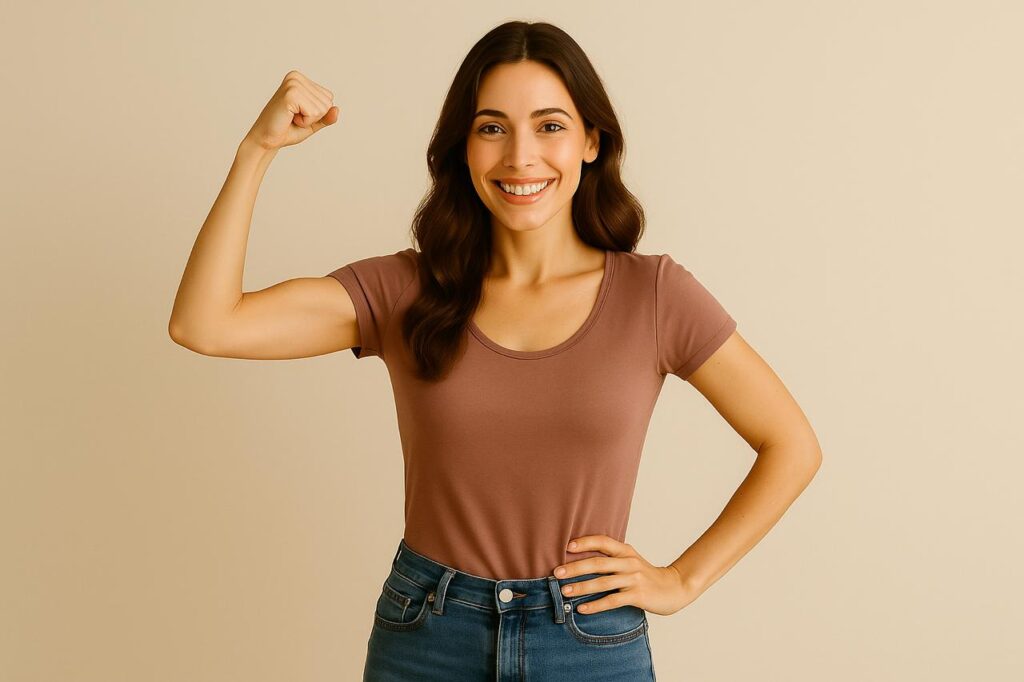 Mulher feliz por conseguir alcançar a mentalidade necessária para alcançar seu corpo dos sonhos