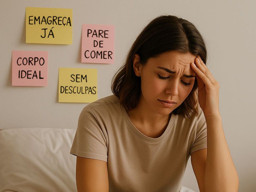 Mulher sentada na cama, cercada por bilhetes de cobrança e olhando para baixo com expressão de cansaço. Sem imaginar que poderia esta sendo atacada pelo excesso de estrogenio