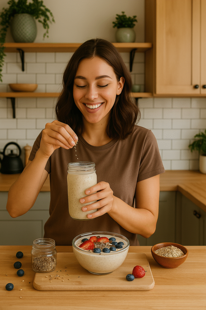 Mulher sorrindo enquanto finaliza smoothie natural com chia, cercada de ingredientes saudáveis