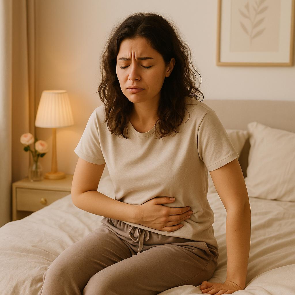 Mulher cansada, sentindo dor, segurando o abdômen, representando impactos físicos e hormonais. A saúde da mulher precisa de constantes ajustes. Mal sabe que pode ser excesso de estrogenio