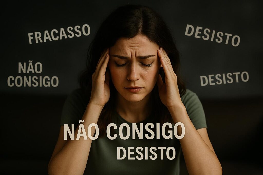 pensamentos sabotadores sao uma constante. mulher rodeada de palavras negativas sobre si mesma