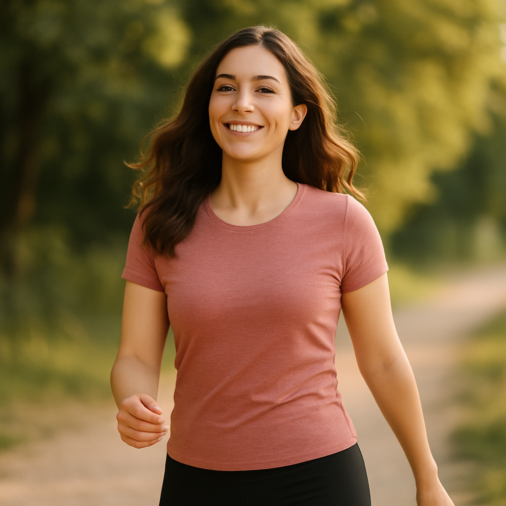 Mulher caminhando com leveza ao ar livre, expressão confiante e corpo relaxado, simbolizando liberdade e superação do ciclo da culpa.