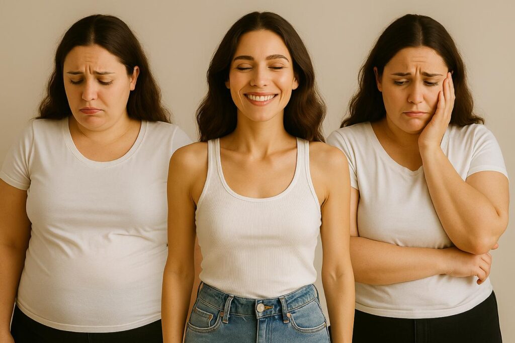 mulher nos três estágios do efeito sanfona. Triste, alegre e frustrada
