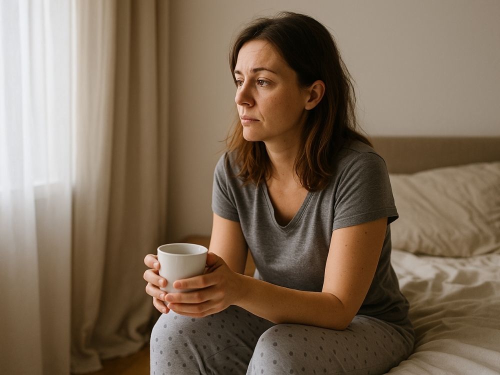 Mulher adulta com expressão de cansaço sentada na cama pela manhã, segurando uma xícara e olhando pela janela, representando um metabolismo lento.