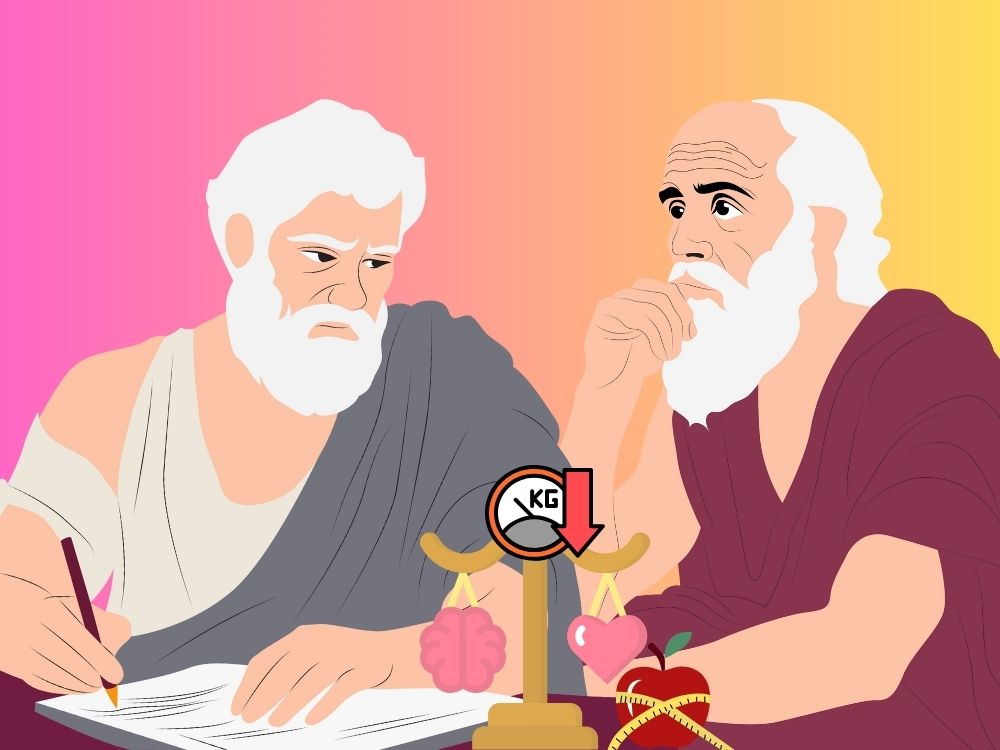 Ilustração de dois filósofos estoicos refletindo sobre equilíbrio entre mente, corpo e alimentação, representados por uma balança. Figuras do estoicismo.